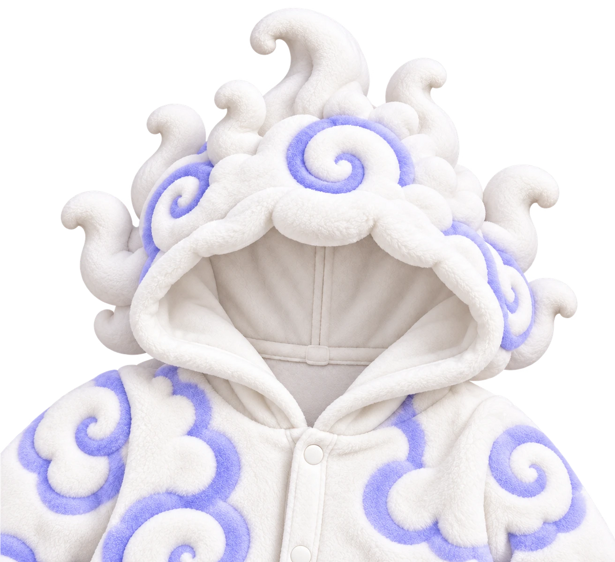 Close-up of the Awakened Cloud Onesie hood with sculpted 3D cloud swirls, soft lining and snap front