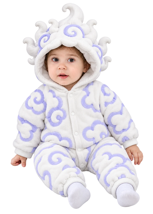 Baby sitting in the Awakened Cloud Onesie, a white hooded romper with raised lavender cloud swirls, snap front and a 3D cloud hood