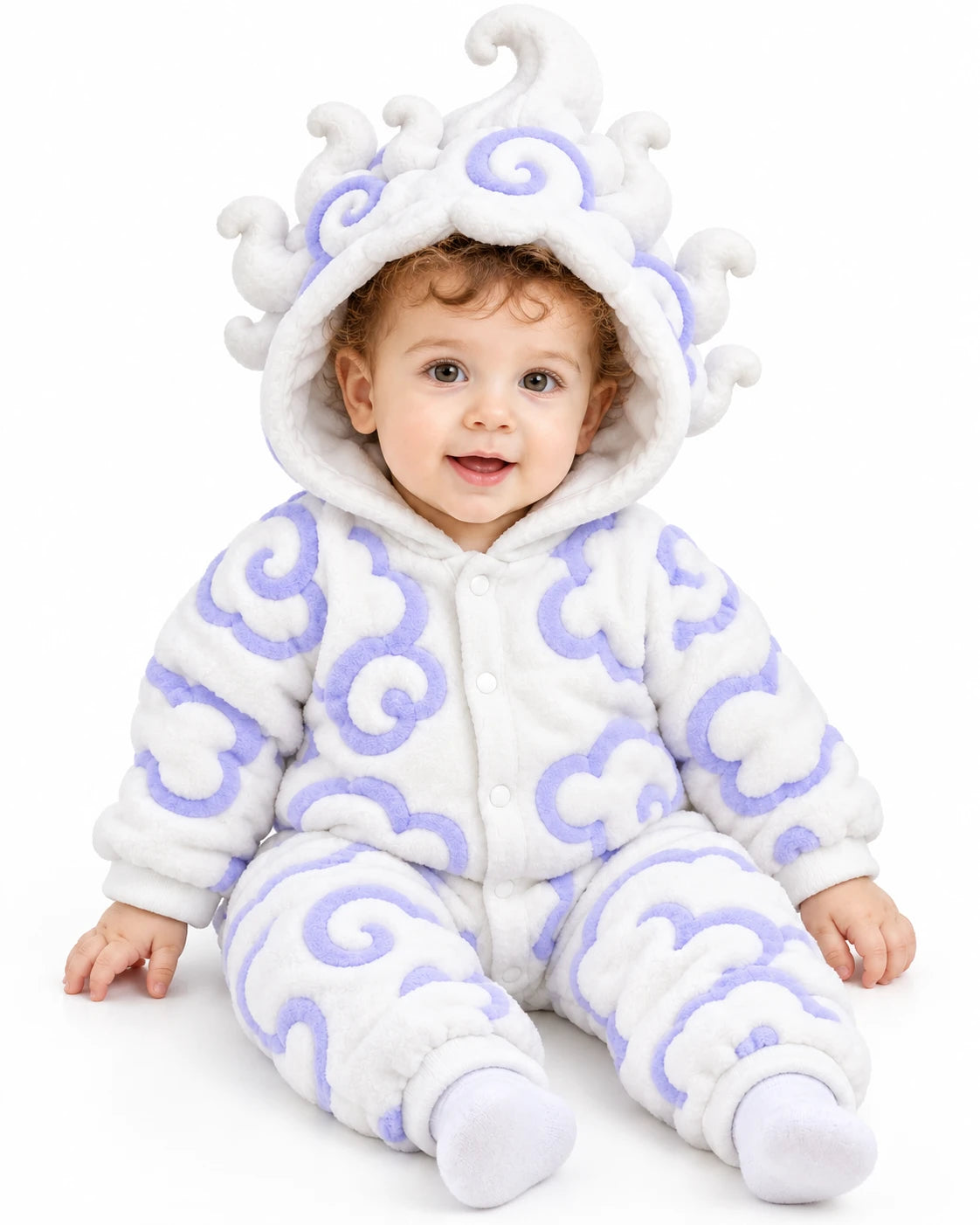 Smiling baby sitting in the Awakened Cloud Onesie, a white hooded romper with raised lavender cloud swirls and a 3D cloud hood