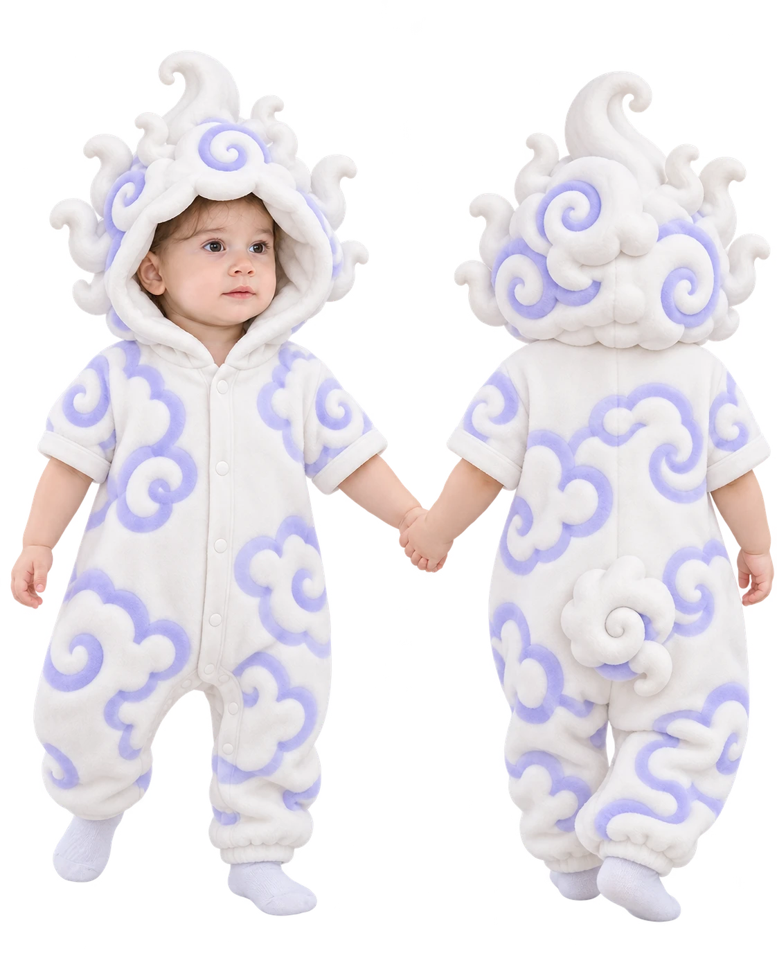Awakened Cloud Onesie shown front and back: white hooded romper with lavender cloud swirls, a cloud crown hood and a cloud tail