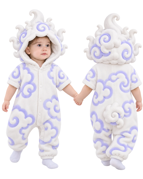 Awakened Cloud Onesie shown front and back: white hooded romper with lavender cloud swirls, a cloud crown hood and a cloud tail