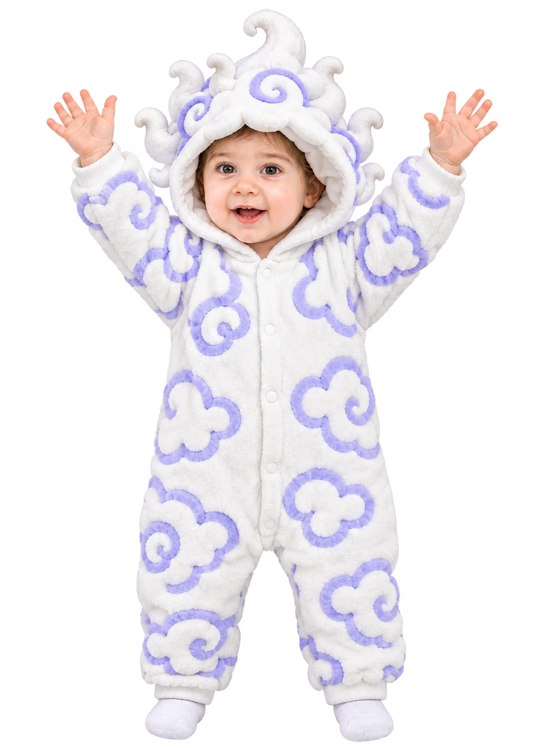 Smiling baby with arms raised, wearing a white fleece onesie with lavender cloud swirls and a cloud-shaped hood