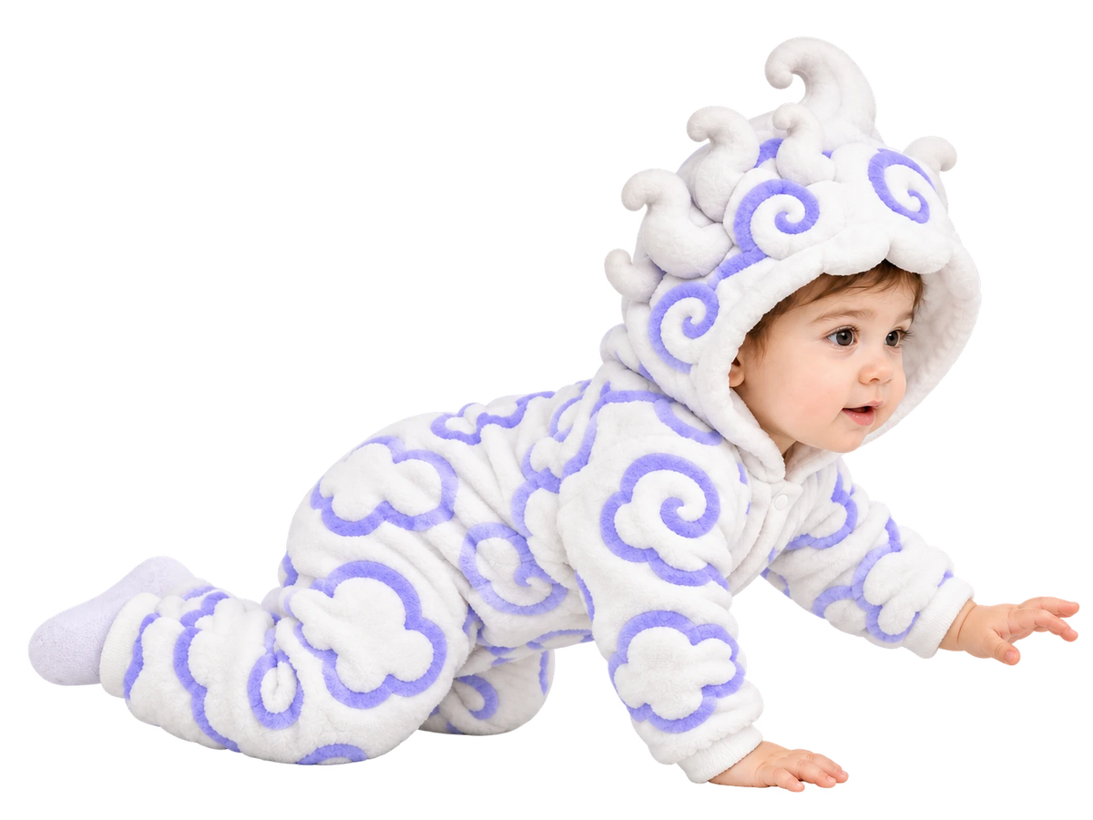 Baby crawling in a white fleece hooded onesie with lavender cloud swirls